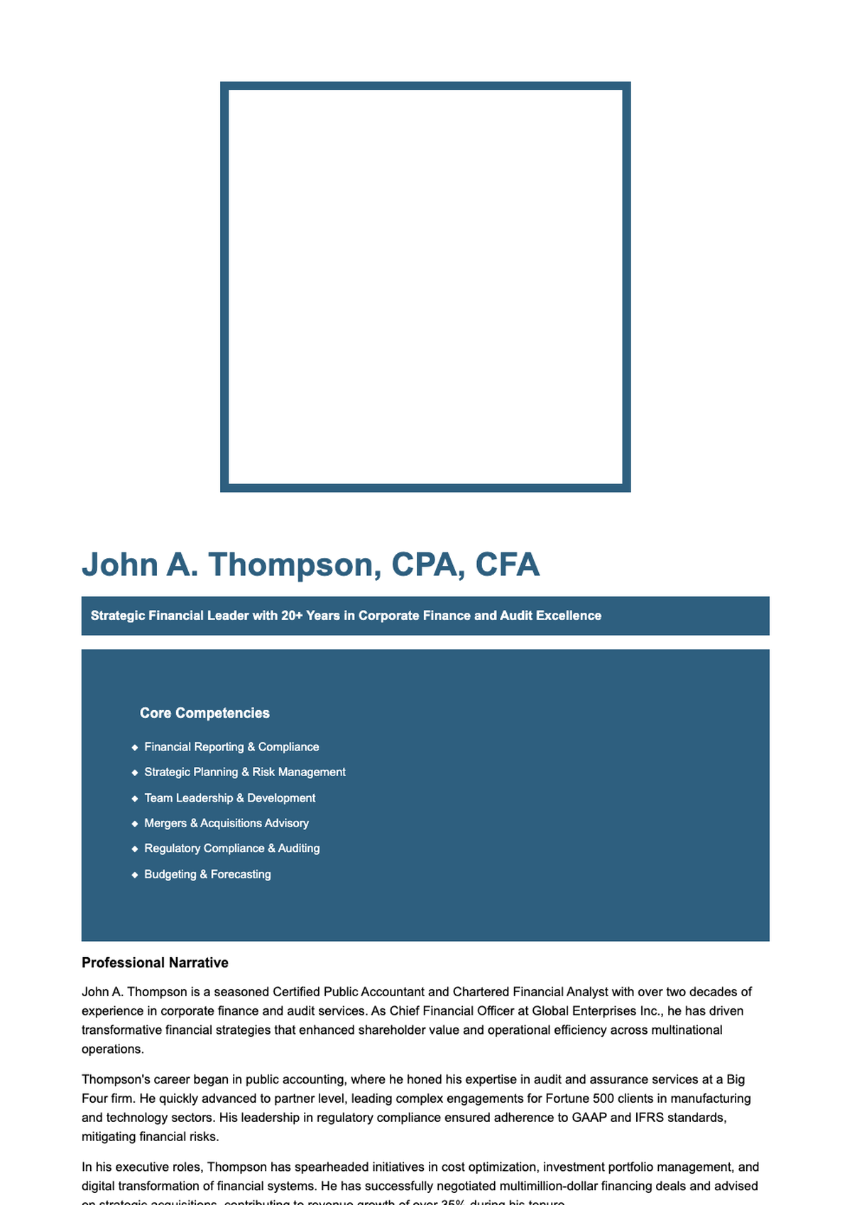 Professional executive resume with blue sidebar and core competencies_variant_1
